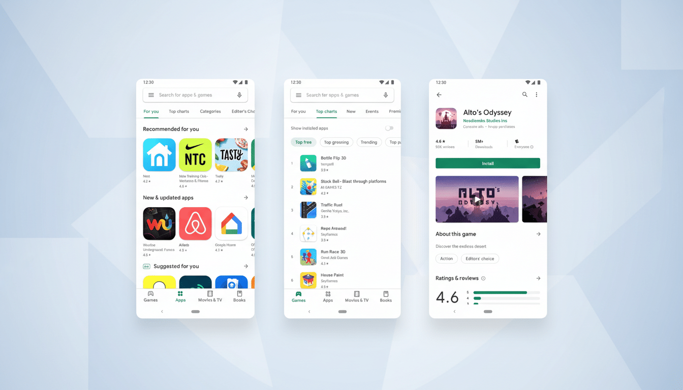 A professional, enhanced image of three mobile phone screens displaying the Google Play Store interface. The screens show Recommended for you, Top charts, and the Altos Odyssey app page. The background is a clean, professional flat design with soft patterns and gradients.