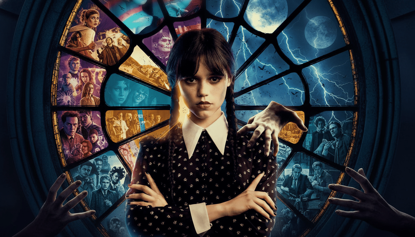 A 16:9 aspect ratio image of Wednesday Addams from the Netflix series Wednesday, with her arms crossed and a serious expression. She stands in front of a stained-glass window depicting various scenes and characters from the show, with lightning and a full moon visible in the background. Two disembodied hands reach towards her from the sides.