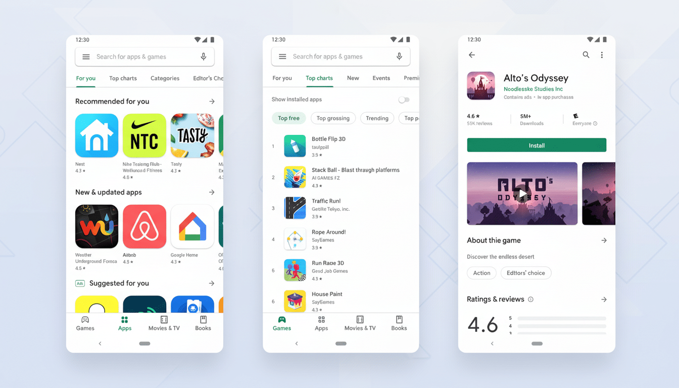 A professionally enhanced image of three mobile phone screens displaying app store interfaces, resized to a 16:9 aspect ratio. The screens show recommended apps, top charts, and details for the Altos Odyssey game, with a clean, professional presentation.
