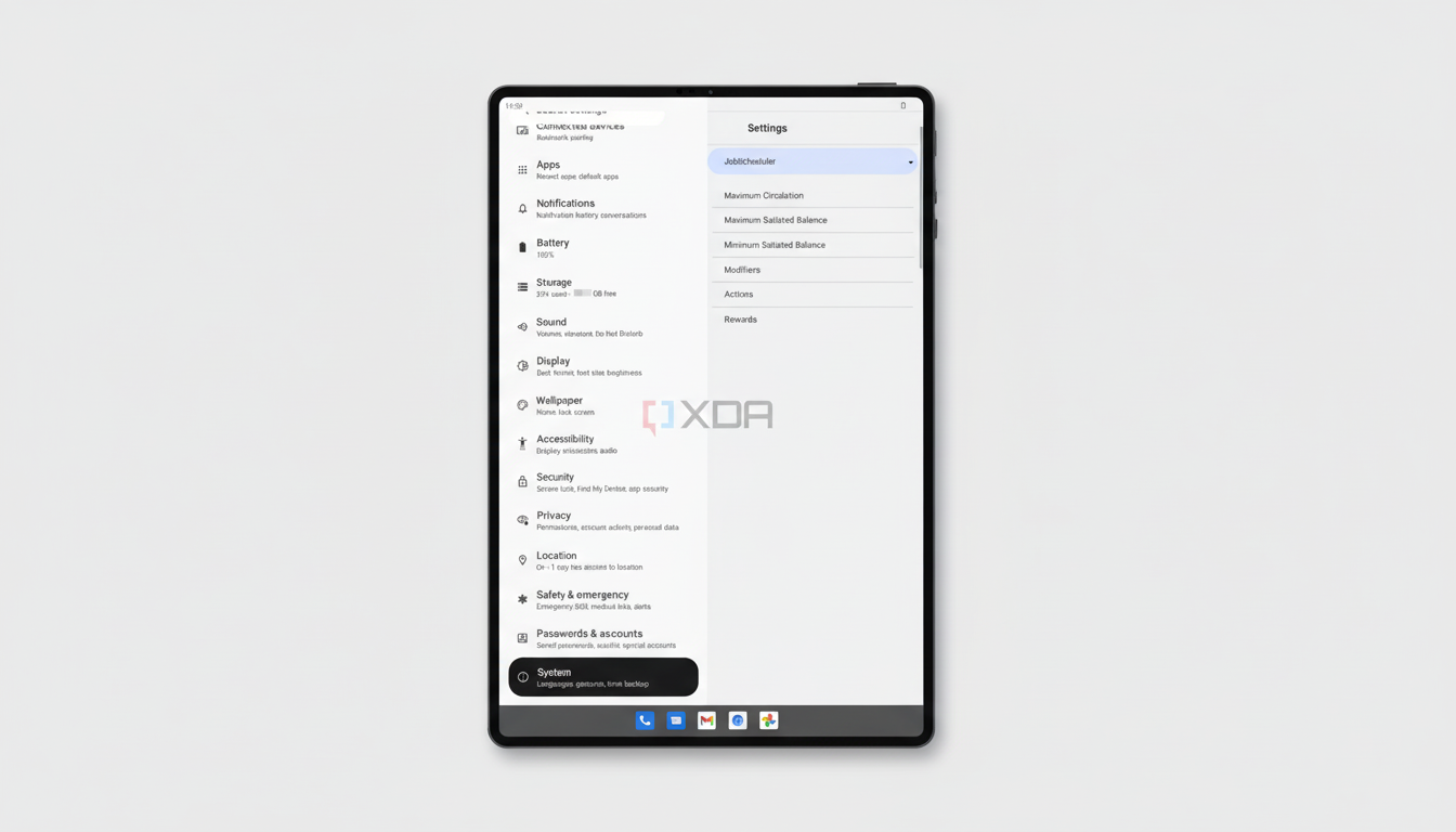 A tablet displaying the Android settings menu, with System highlighted at the bottom. The screen shows various settings categories like Apps, Notifications, Battery, Storage, Sound, Display, Wallpaper, Accessibility, Security, Privacy, Location, Safety & emergency, Passwords & accounts, and System. On the right pane, JobScheduler is selected under Settings, with options like Maximum Circulation, Maximum Satiated Balance, Minimum Satiated Balance, Modifiers, Actions, and Rewards listed below it. The XDA Developers logo is watermarked on the screen.