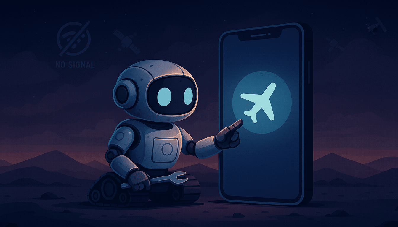 A robot with a wrench pointing at a smartphone displaying an airplane icon, with a no signal icon and satellites in the background.