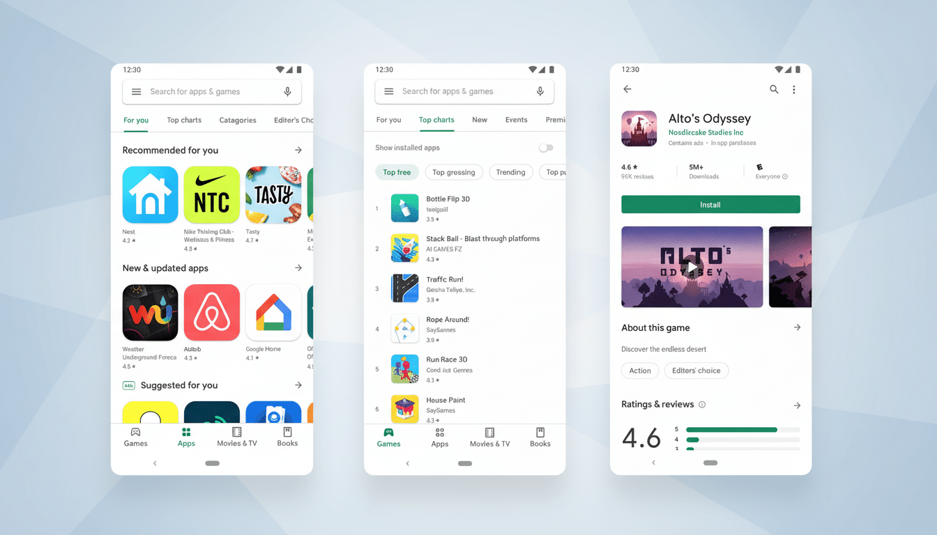 A professional, enhanced image of three mobile phone screens displaying different sections of an app store, resized to a 16:9 aspect ratio.