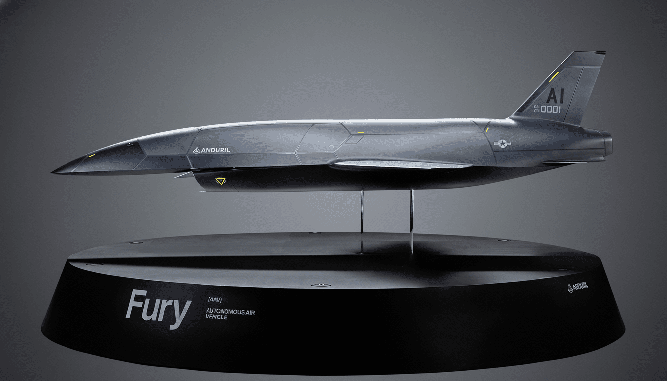 A professional, enhanced image of the Anduril Fury Autonomous Air Vehicle model on a black display stand, set against a clean, soft gray gradient background.