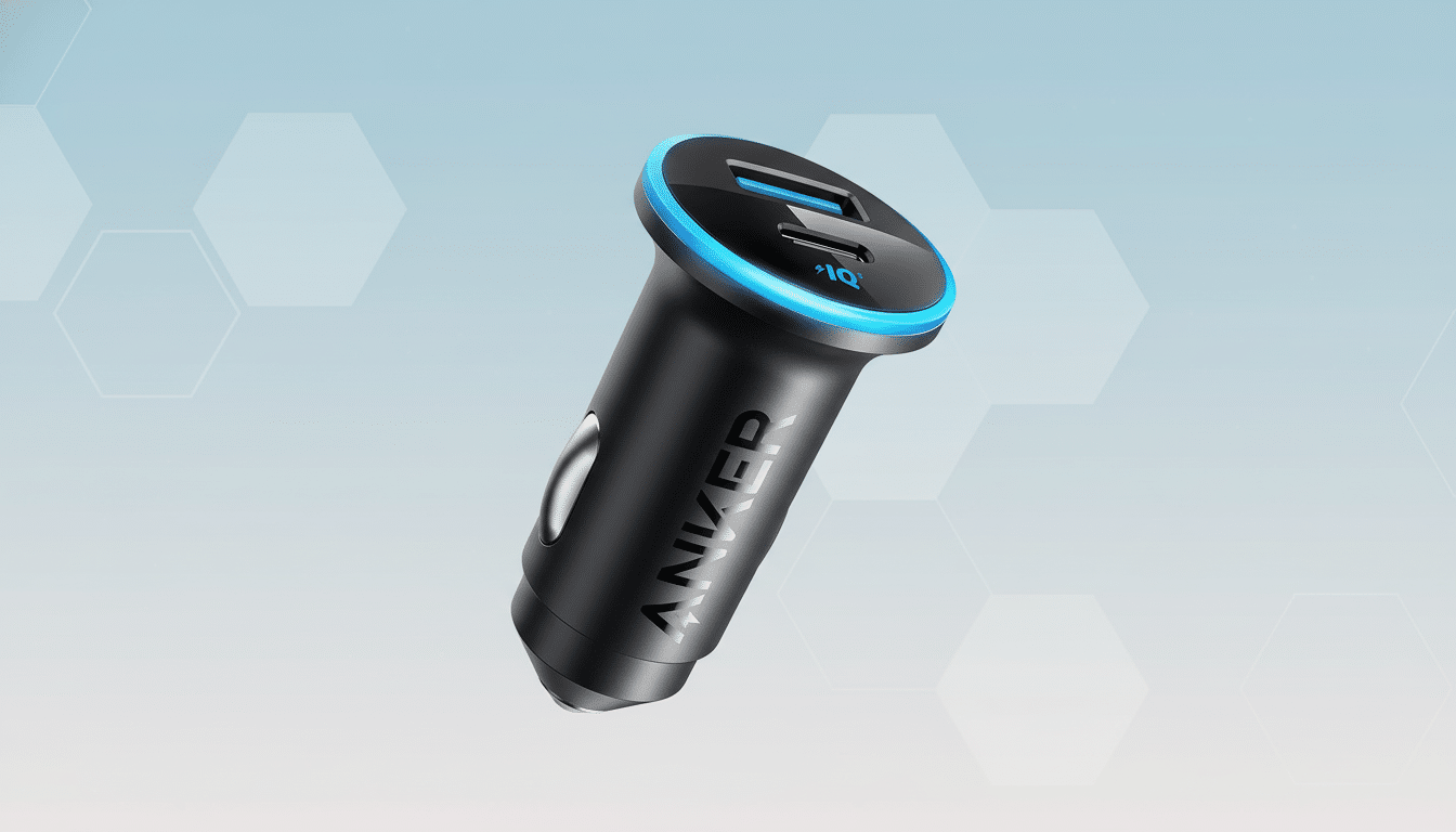 A black Anker car charger with two USB ports and a blue LED ring, presented on a professional light blue and gray geometric background.