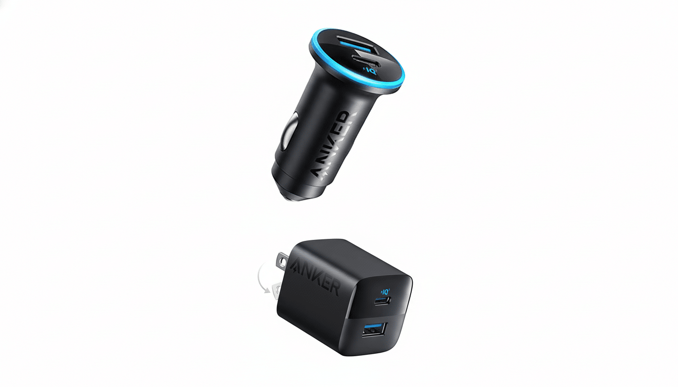 A 16:9 aspect ratio image featuring two Anker charging devices: a car charger with a blue LED ring and a wall charger with a foldable plug, both presented on a clean white background.
