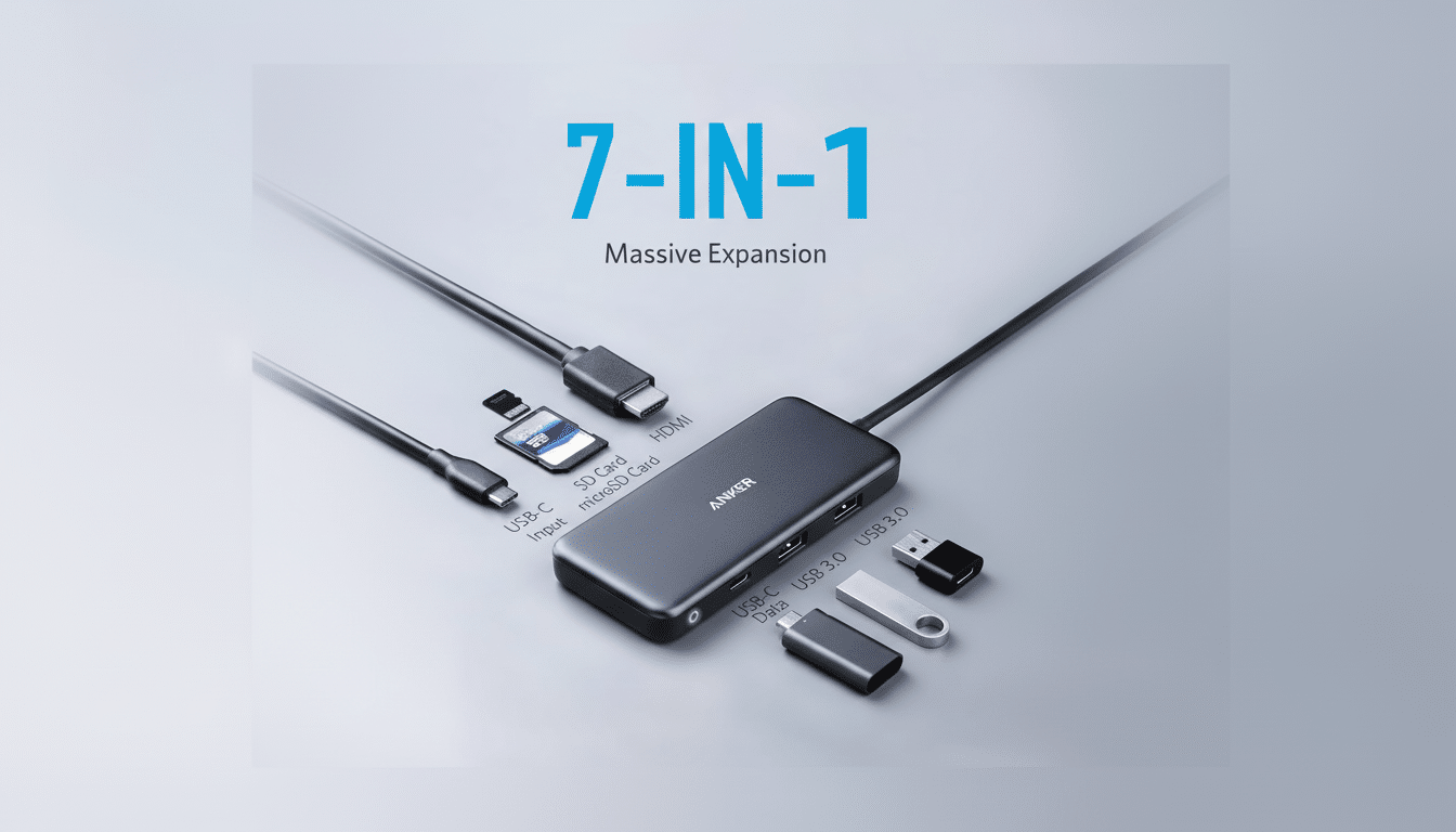 An Anker 7-in-1 USB-C hub with various ports and connected devices, presented on a professional flat design background with soft gradients.