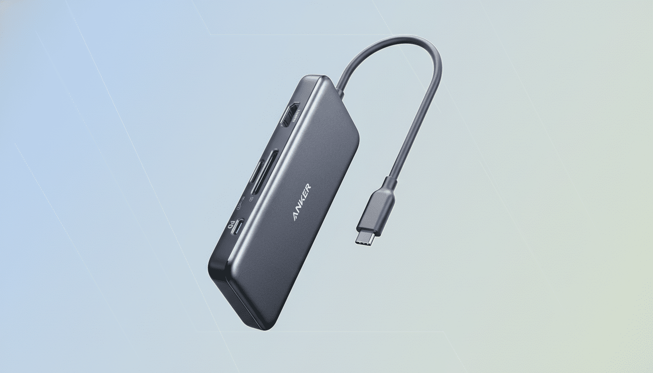 An Anker USB-C hub with multiple ports, including HDMI, SD, MicroSD, and PD, presented on a professional flat design background with soft gradients.