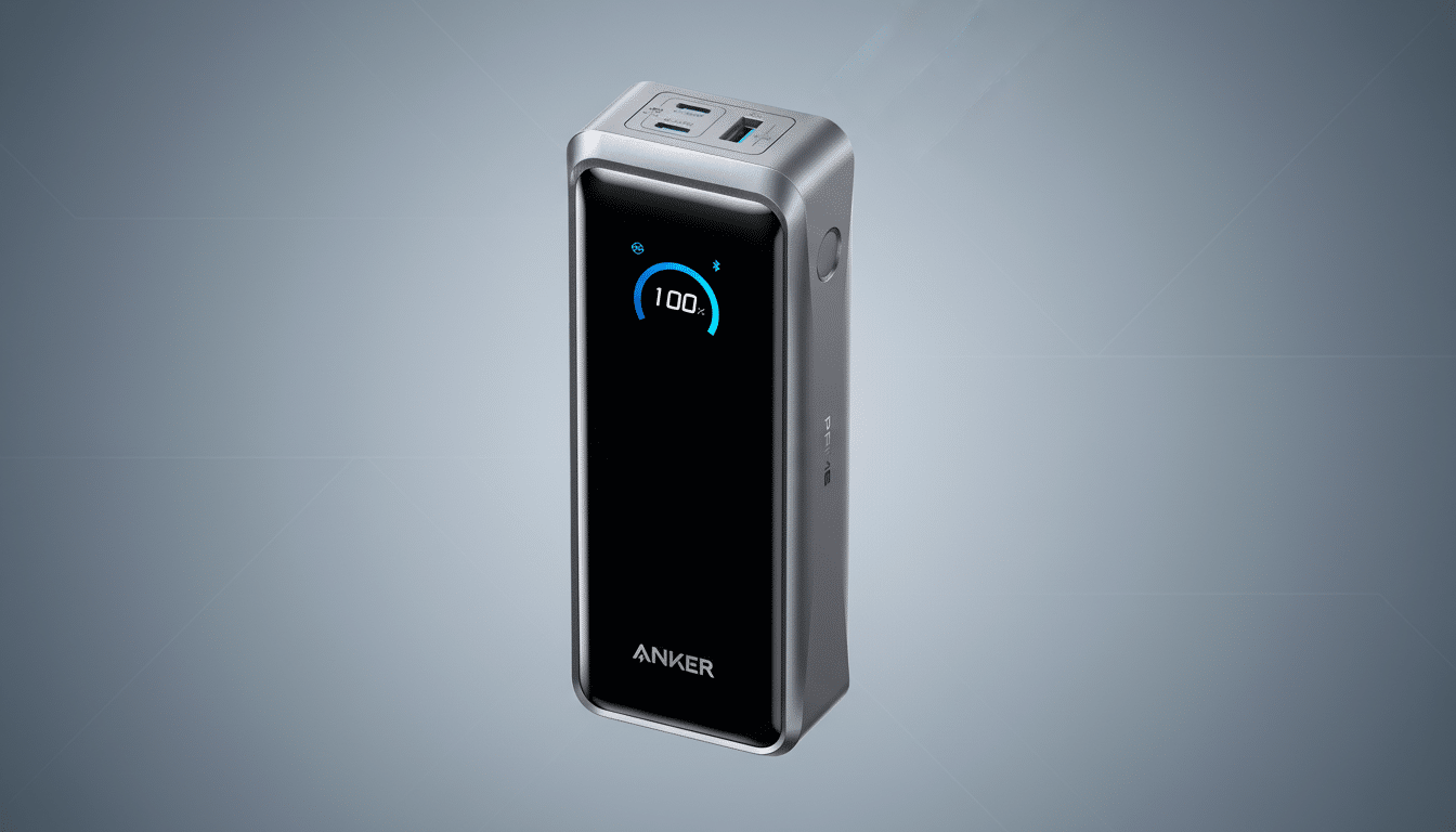 A silver and black Anker power bank with a digital display showing 100% charge, set against a professional flat design background with soft gradients.