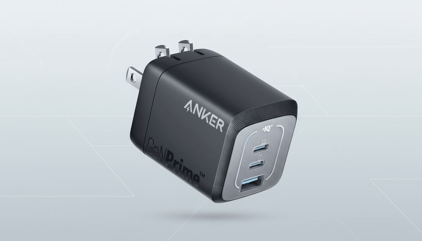 An Anker GaNPrime 120W USB-C charger with two USB-C ports and one USB-A port, shown at a 16:9 aspect ratio with a professional light gray gradient background.