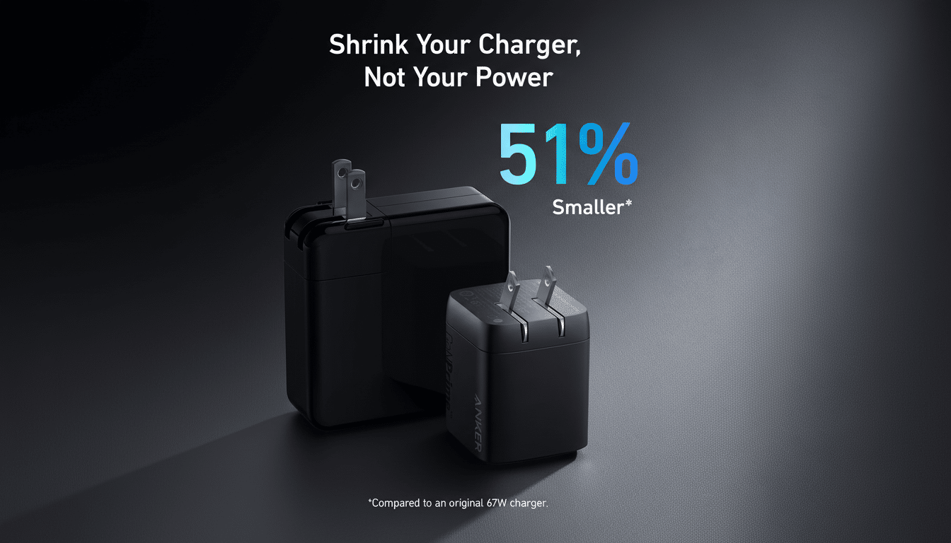 A comparison of two black Anker chargers, one larger and one 51% smaller, against a dark background with the text Shrink Your Charger, Not Your Power and 51% Smaller Compared to an original 67W charger.