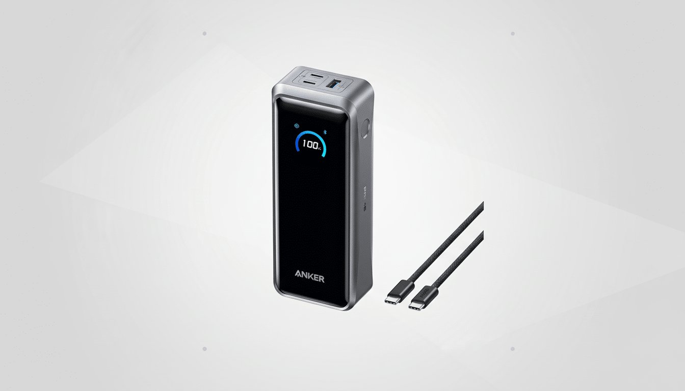 An Anker power bank with a 100% charge display and two USB-C cables, presented on a professional flat design background with soft patterns.