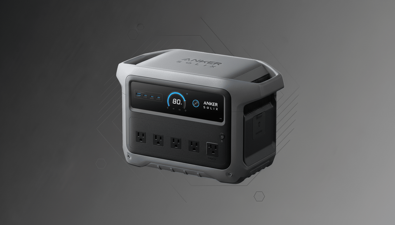 A professional, enhanced image of an Anker Solix portable power station, presented on a clean, dark gray background with subtle geometric patterns, resized to a 16:9 aspect ratio.
