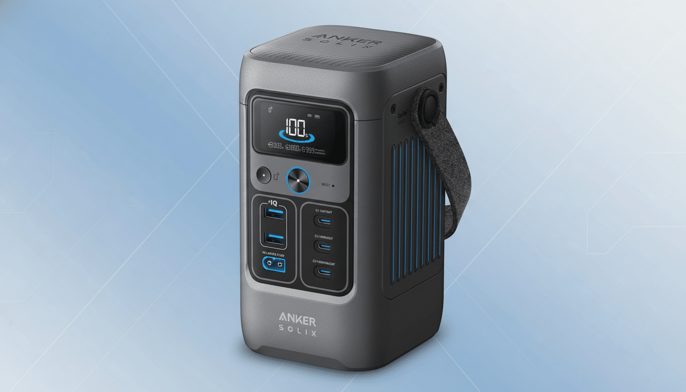 A professional, enhanced image of an Anker Solix portable power station, resized to a 16:9 aspect ratio with a clean, light blue gradient background.