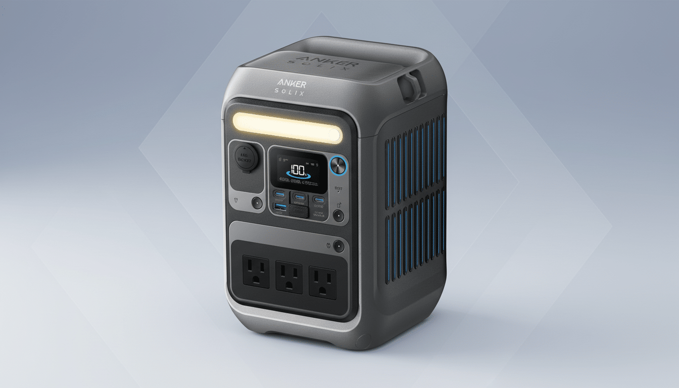 An Anker Solix portable power station with a digital display showing 100% charge, multiple USB and AC outlets, and a car socket, set against a professional flat design background with soft gradients.