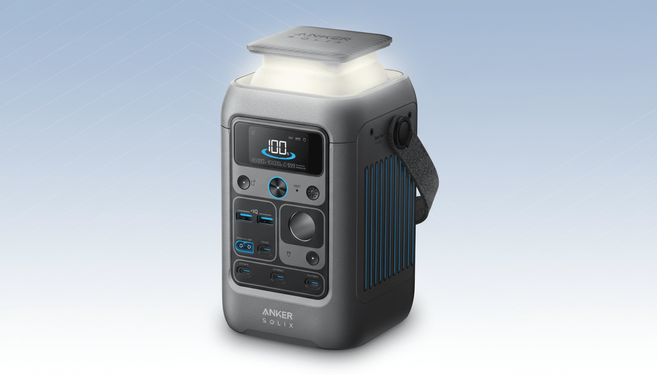 An Anker Solix portable power station with a light on top, presented on a professional flat design background with soft blue and white gradients.