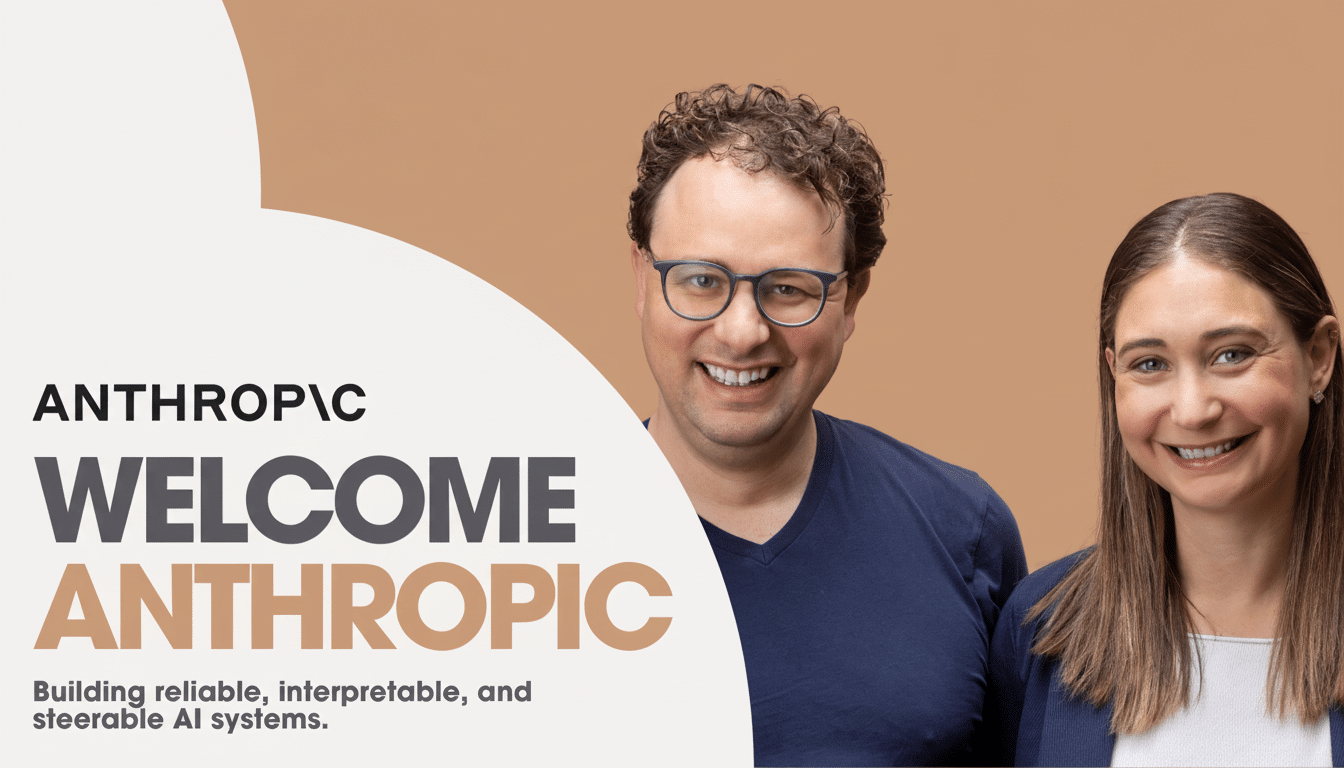 A man and a woman smiling, with ANTHROPIC WELCOME ANTHROPIC text and Building reliable, interpretable, and steerable AI systems. below it, set against a brown and white background.
