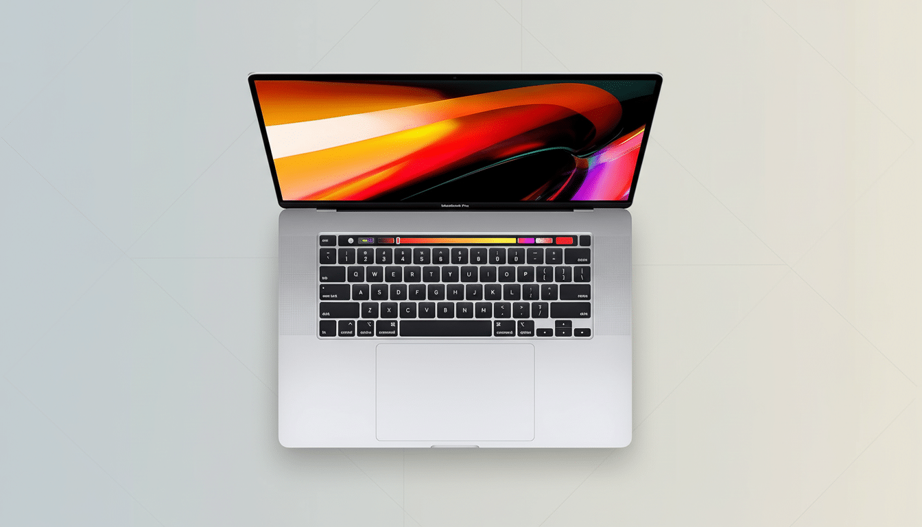 A top-down view of a silver MacBook Pro with its screen displaying a vibrant, abstract wallpaper, set against a professional flat design background with soft patterns.