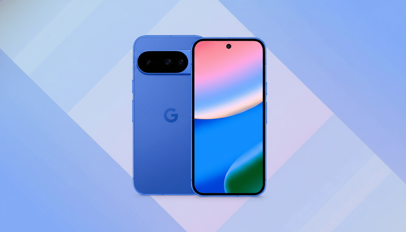 A blue smartphone with a Google logo on the back and a colorful screen on the front, presented on a professional flat design background with soft patterns and gradients.