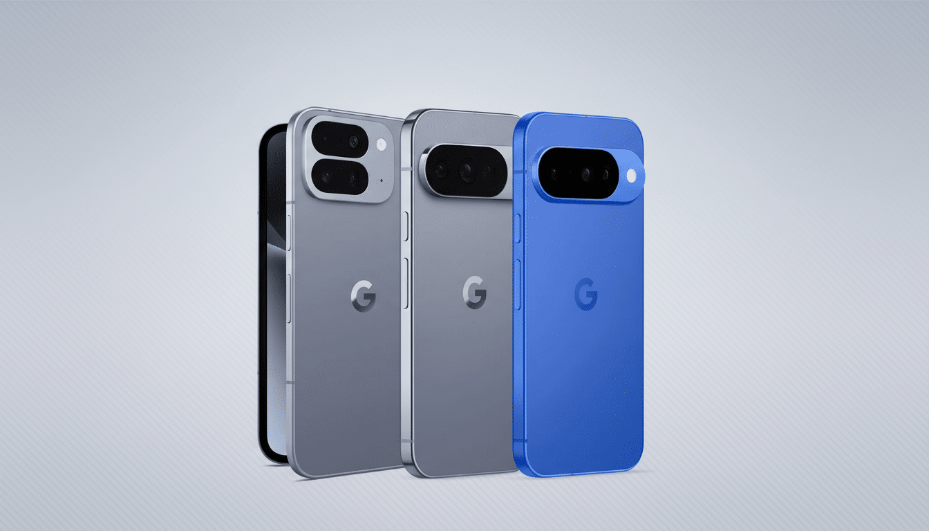 Three smartphones, two gray and one blue, are displayed in a row against a professional gray background with a subtle gradient. The phones feature a prominent G logo on their backs.