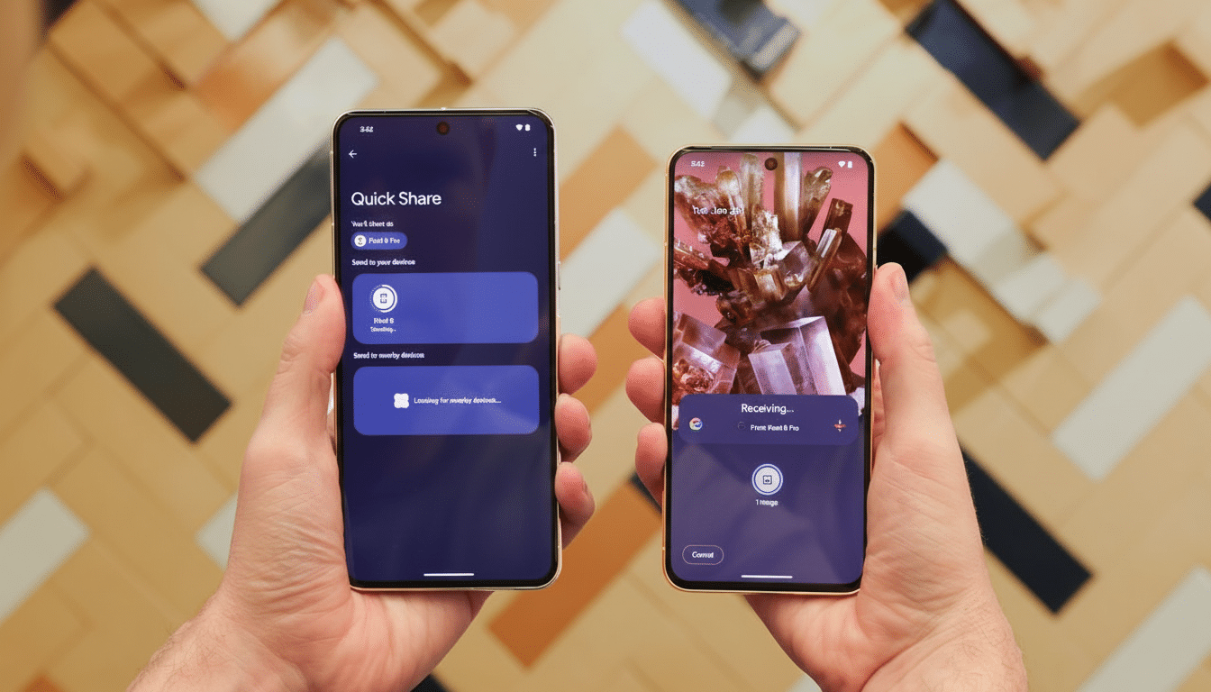 Two hands holding two smartphones, one displaying Quick Share and the other Receiving... with a background of geometric patterns.
