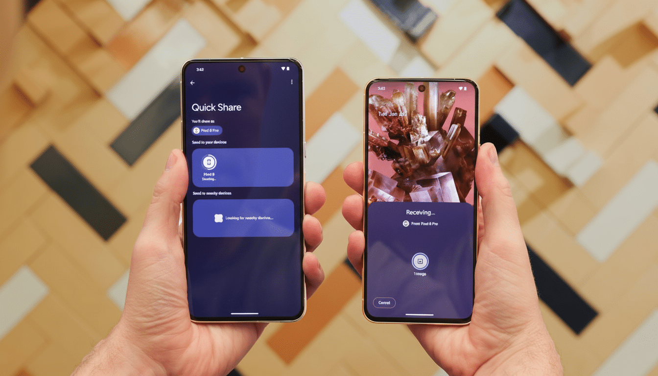 Two hands holding two smartphones, one displaying Quick Share and the other Receiving...