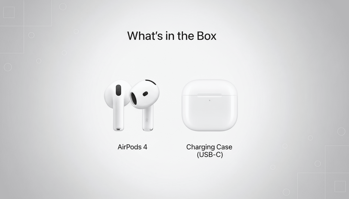 A 16:9 aspect ratio image showing Whats in the Box with AirPods 4 and a Charging Case (USB-C) on a professional flat design background with soft patterns and gradients.