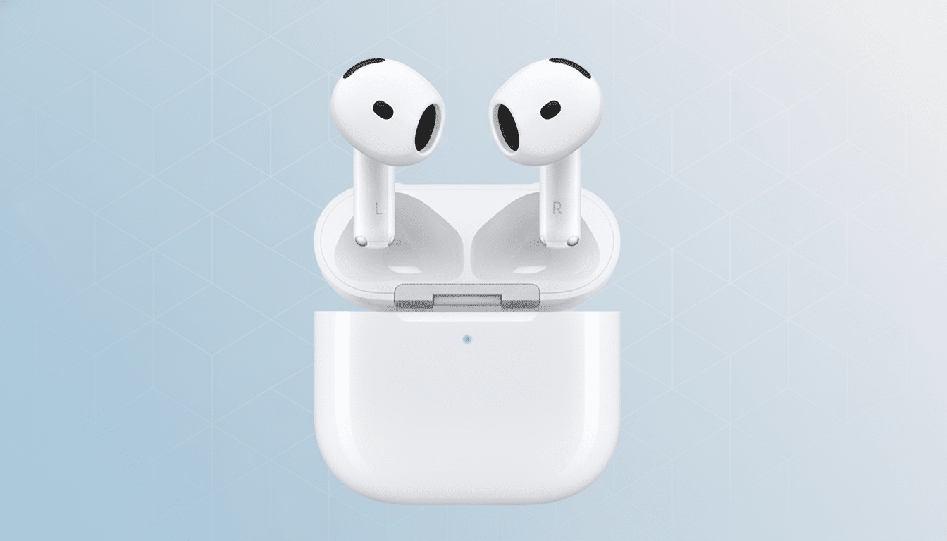 A pair of white wireless earbuds in their open charging case, presented against a professional light blue background with subtle geometric patterns.