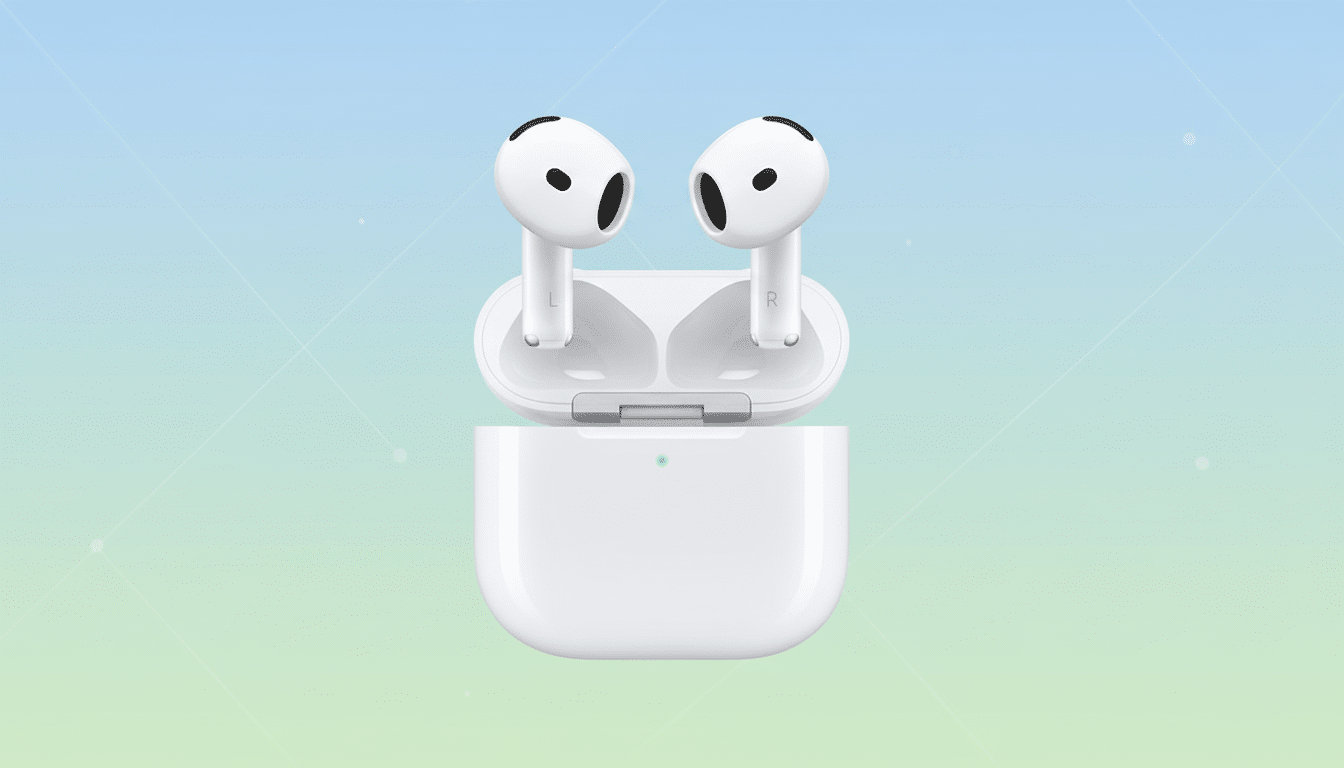 A pair of white wireless earbuds in their open charging case, presented on a professional flat design background with a soft blue and green gradient and subtle patterns.