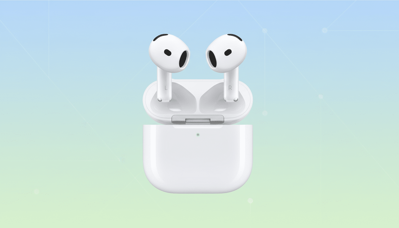 A pair of white wireless earbuds in their open charging case, set against a professional flat design background with soft blue and green gradients and subtle geometric patterns.
