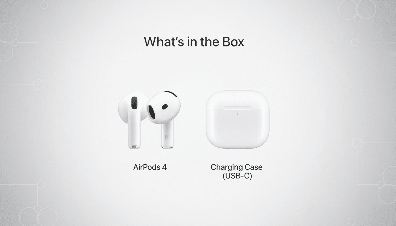 A 16:9 aspect ratio image showing Whats in the Box with AirPods 4 and a Charging Case (USB-C) on a professional flat design background with soft patterns.