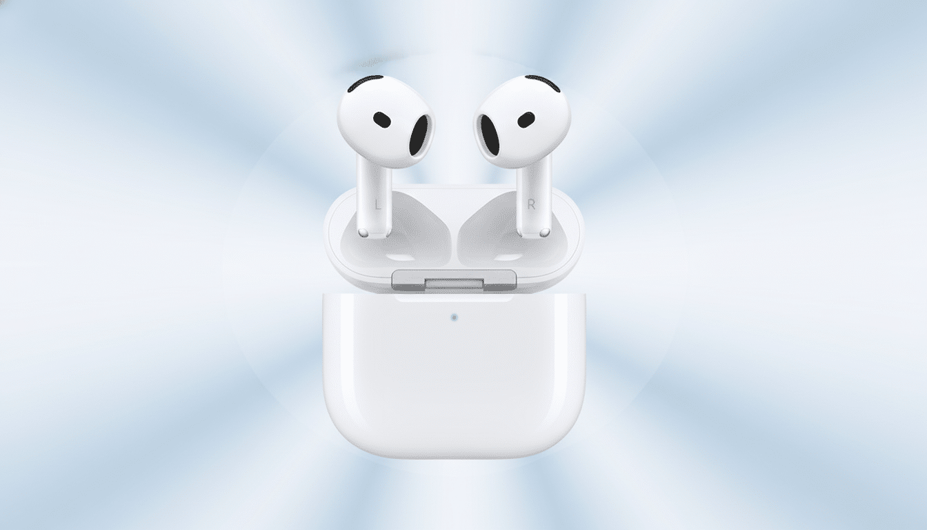 A pair of white wireless earbuds in their open charging case, presented against a professional light blue background with subtle radial patterns.
