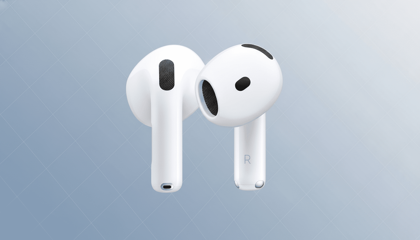 A pair of white Apple AirPods (3rd generation) on a professional light blue background with a subtle grid pattern.