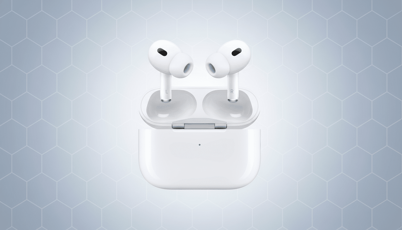 A pair of white wireless earbuds resting in their open charging case, presented on a professional flat design background with soft hexagonal patterns and a subtle gradient.