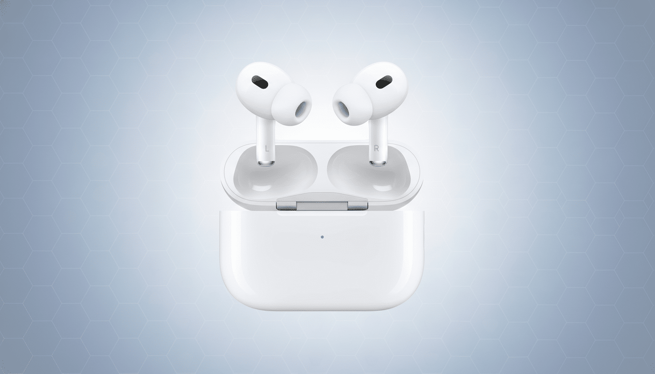 A pair of white wireless earbuds resting in their open charging case, set against a professional light blue background with a subtle hexagonal pattern.