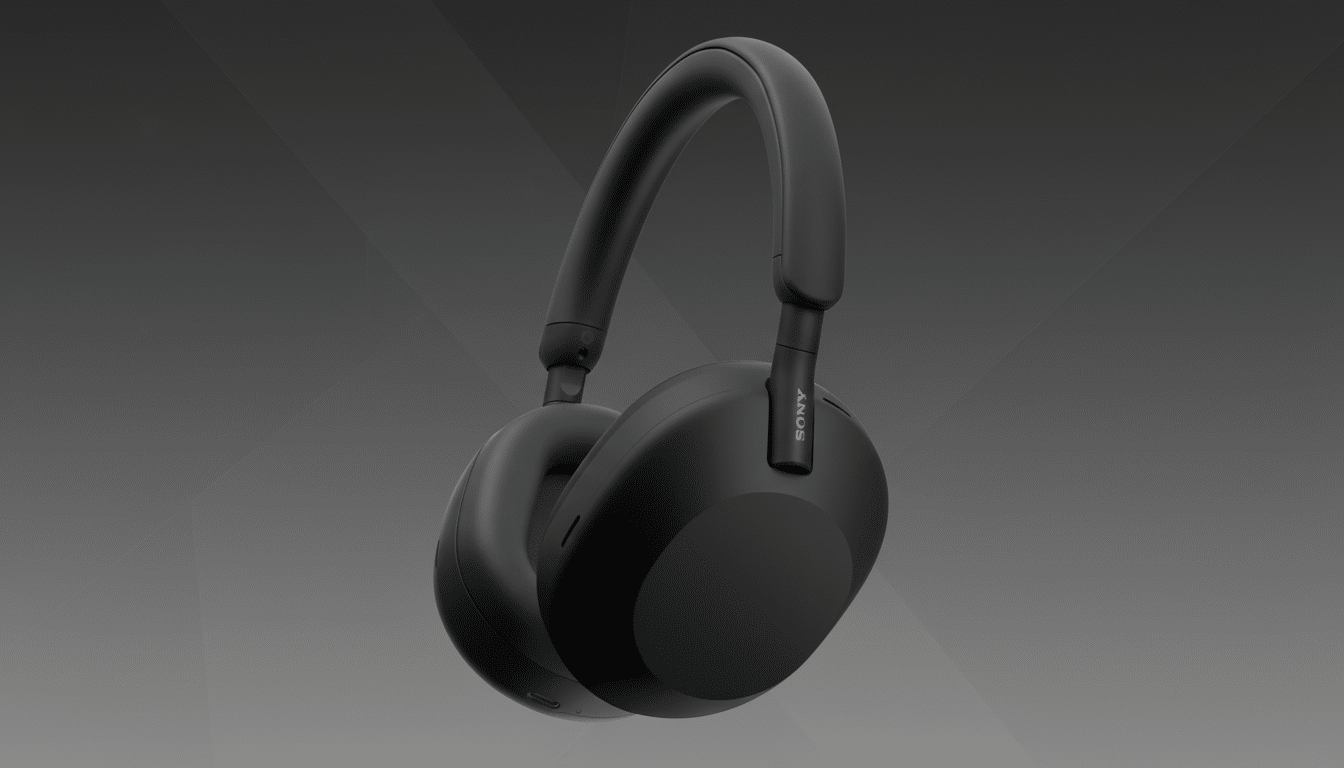 A pair of black Sony WH-1000XM5 headphones is shown at a slight angle against a professional gray background with subtle geometric patterns.