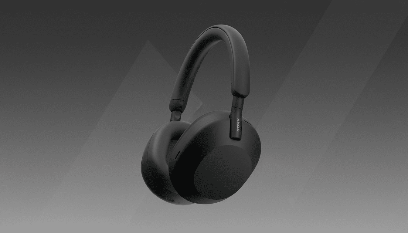 A pair of black Sony WH-1000XM5 headphones is shown at a slight angle against a professional gray background with subtle geometric patterns.