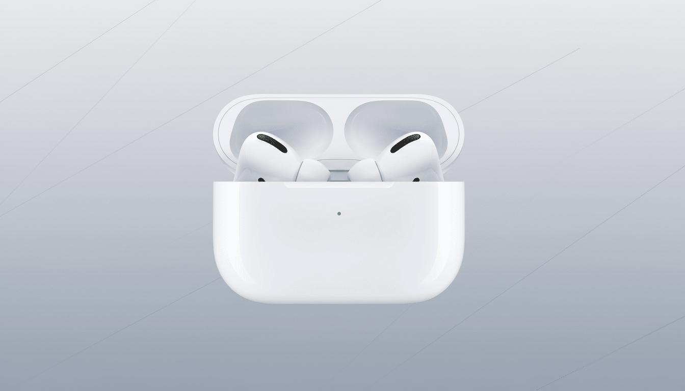 A pair of white Apple AirPods Pro in their open charging case, presented on a professional flat gray background with subtle geometric patterns.