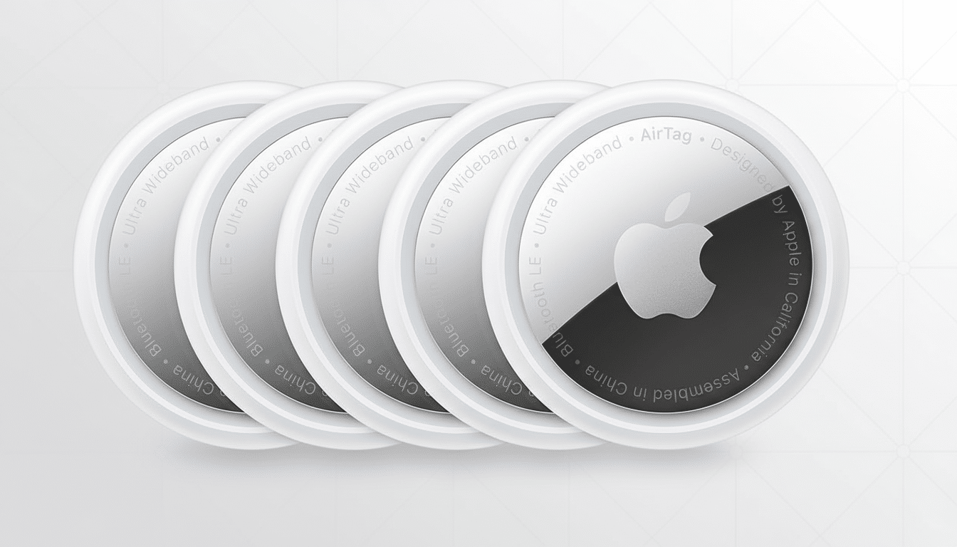 Five Apple AirTags are arranged in a slightly fanned line, with the front-most AirTag in sharp focus. The background is a professional flat design with a soft gray gradient and subtle geometric patterns.