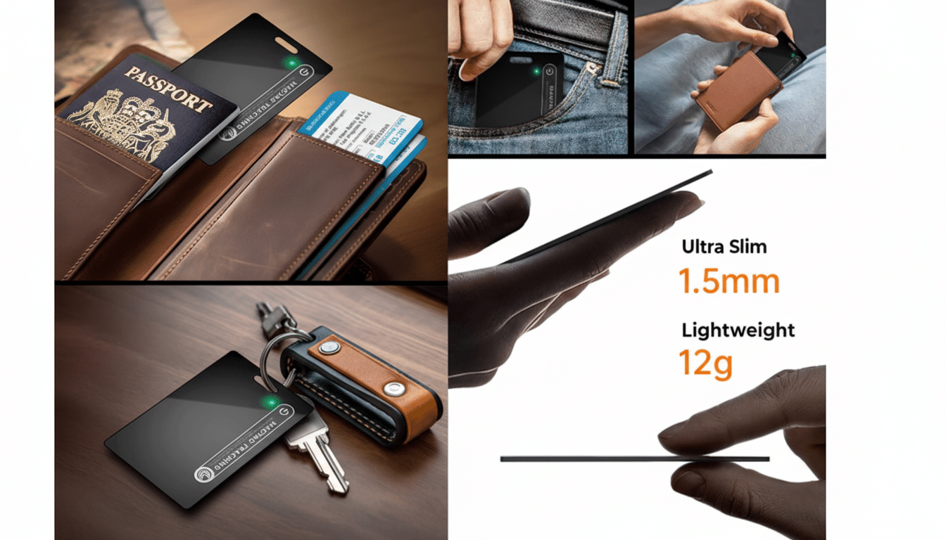 A collage of images showcasing a slim, black tracking device. The top left shows it in a wallet with a passport and boarding pass. The top right shows it being placed in a jeans pocket and held with a wallet. The bottom left shows it attached to a keychain with keys. The bottom right highlights its ultra-slim 1.5mm profile and lightweight 12g design.