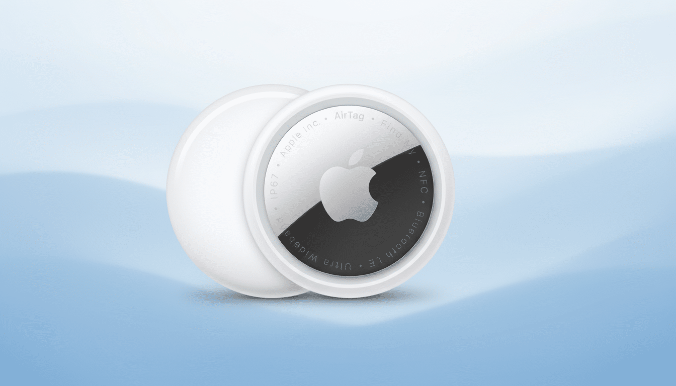 An Apple AirTag on a professional blue gradient background.