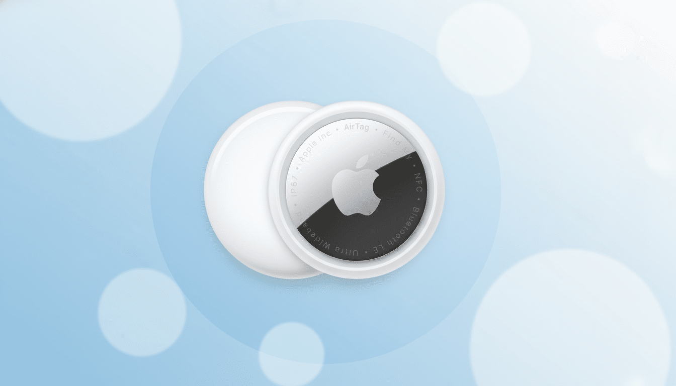 An Apple AirTag on a professional flat design background with soft blue gradients and subtle circular patterns.