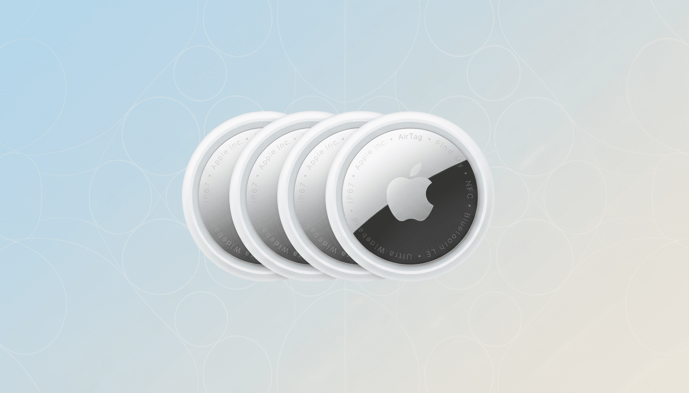 Four Apple AirTags are arranged in a slight diagonal, with the front-most AirTag showing its white and silver design with the Apple logo and text. The background is a professional flat design with a soft gradient from light blue to light beige, featuring subtle, overlapping circular patterns.