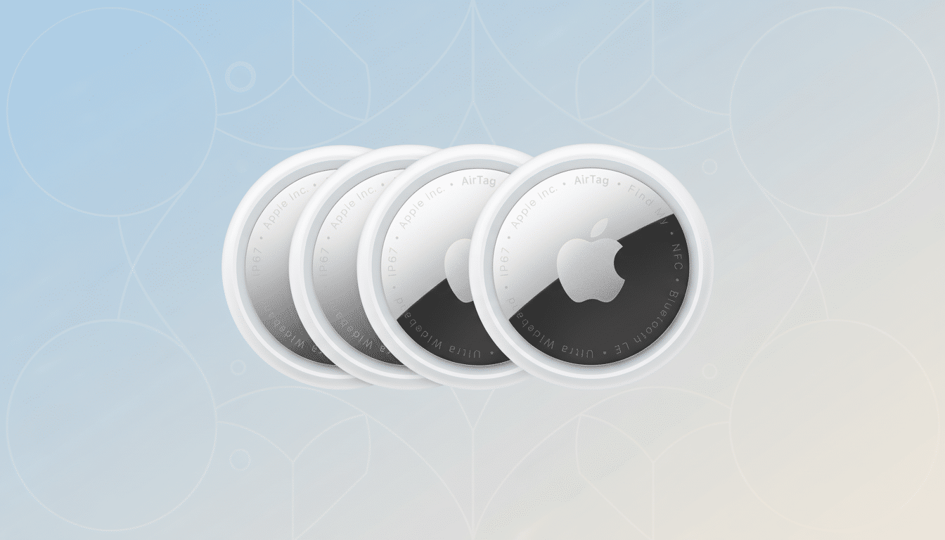 Four Apple AirTags are arranged in a slight diagonal, with the front-most AirTag clearly showing its silver and black design with the Apple logo. The background is a professional flat design with soft blue and white gradients and subtle geometric patterns.