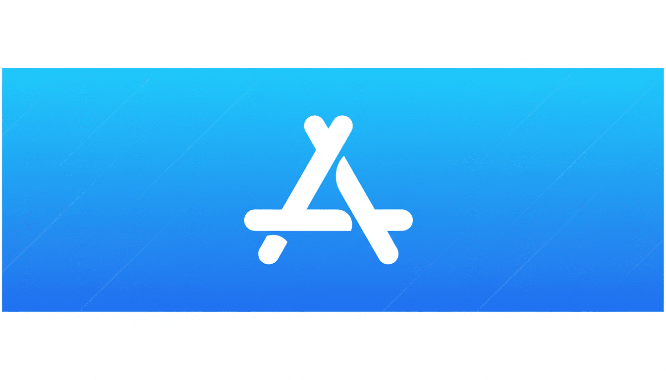 The App Store icon, a white stylized A made of three rounded lines, centered on a blue gradient background with subtle diagonal patterns, resized to a 16:9 aspect ratio.
