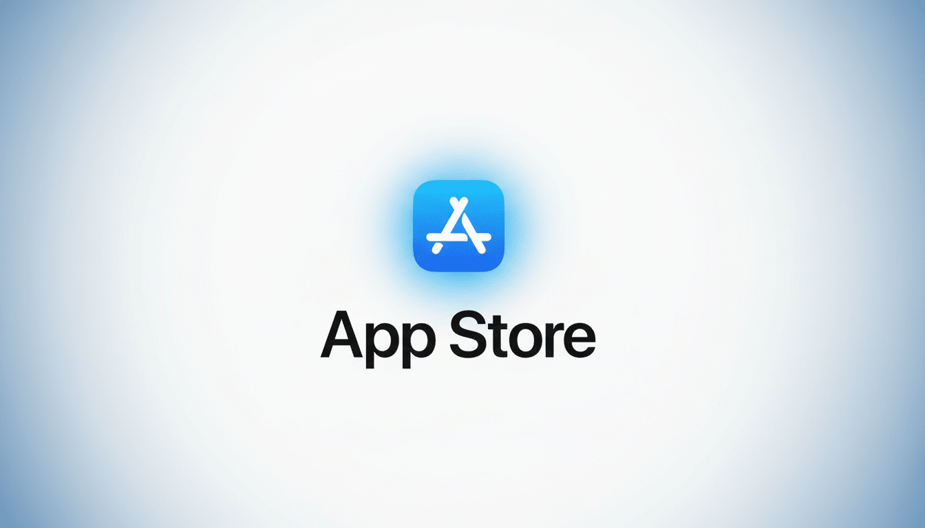 The App Store logo and text on a professional flat design background with a soft blue gradient.