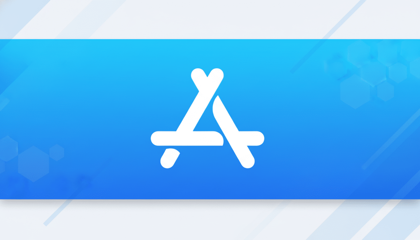 The Apple App Store logo, a white stylized A symbol, centered on a blue gradient background with subtle geometric patterns and a white border at the top and bottom, presented in a 16:9 aspect ratio.