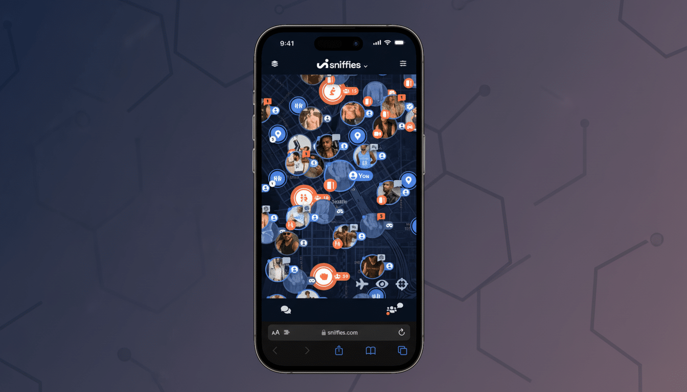 A smartphone displaying the Sniffies app, showing a map of Seattle with various user profiles and activity icons. The phone is set against a professional flat design background with soft patterns and gradients.