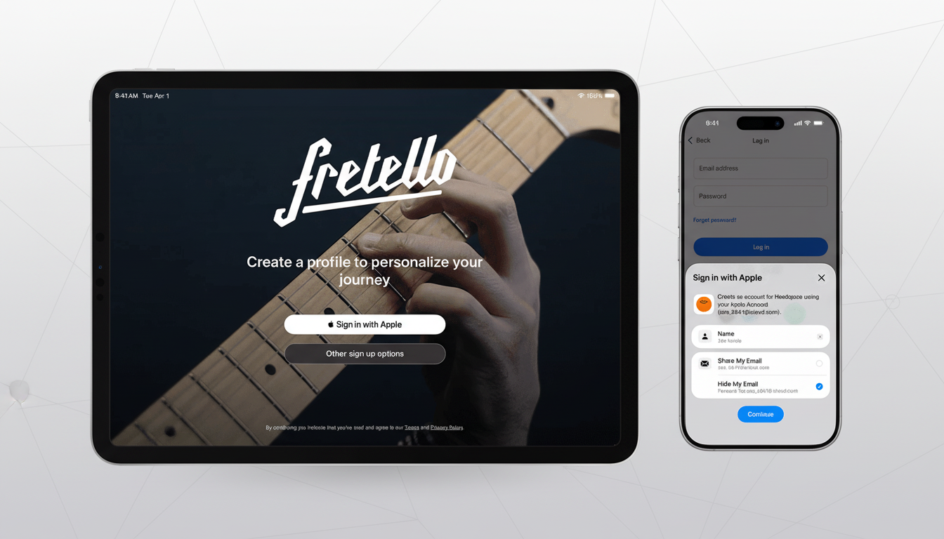 A tablet displaying the Fretello apps profile creation screen, with a hand on a guitar fretboard in the background, alongside a smartphone showing a Sign in with Apple prompt.