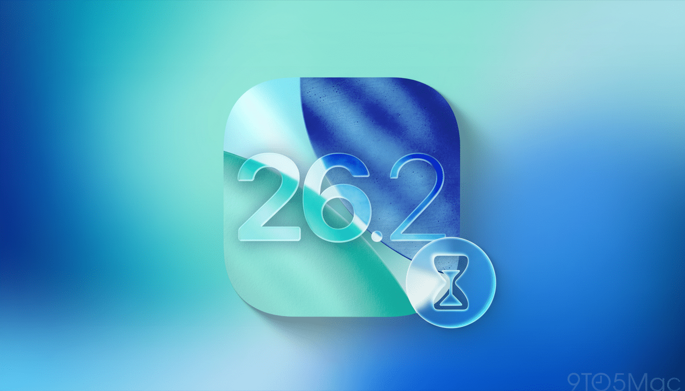A professional image featuring a blue and green gradient background with a central app icon displaying 26.2 and a small hourglass icon.