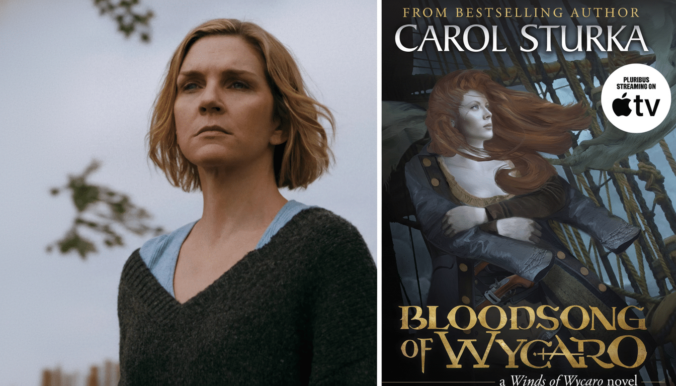 A split image showing a woman with short blonde hair looking up on the left, and a book cover for Bloodsong of Wycaro by Carol Sturka on the right.